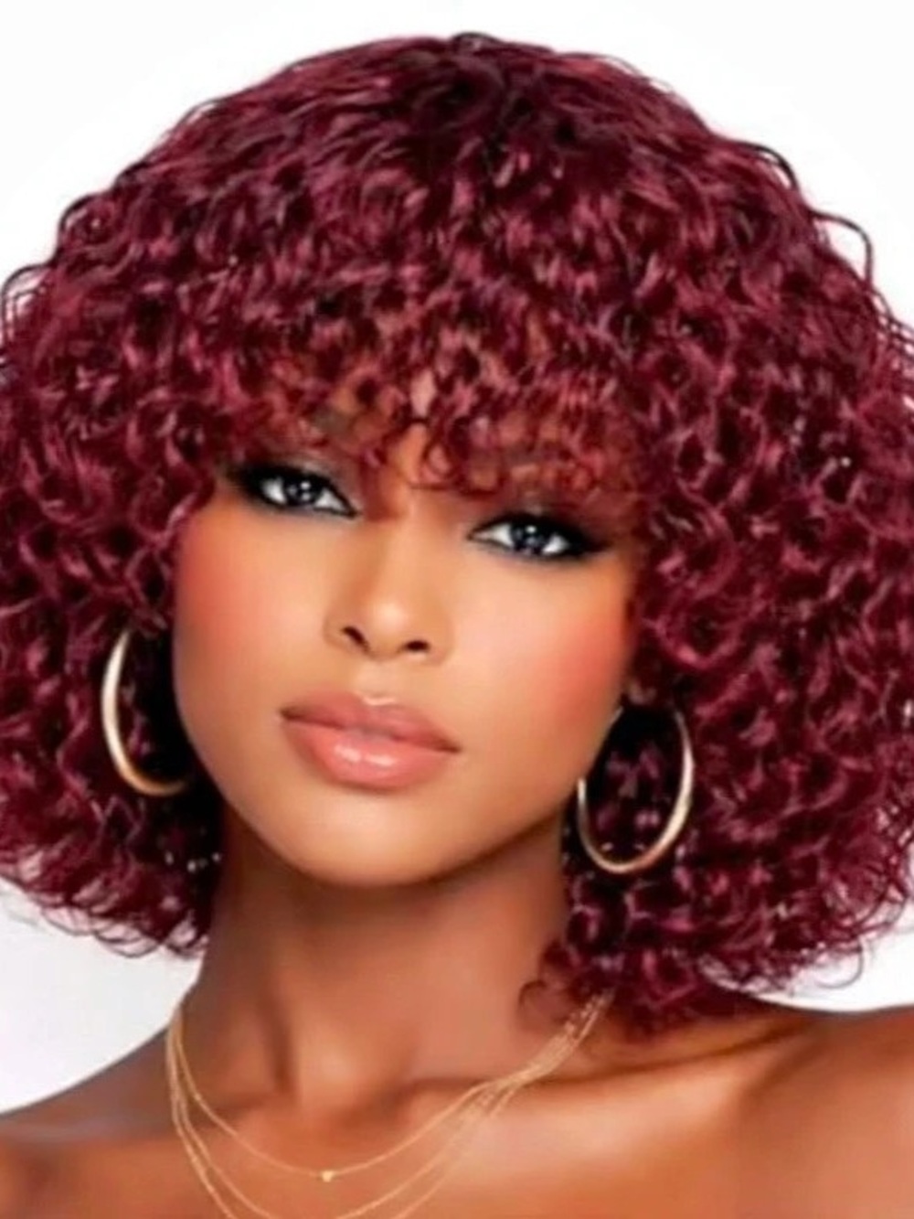 Curly Human Hair Bob Wigs with Bangs 12 inch Burgundy